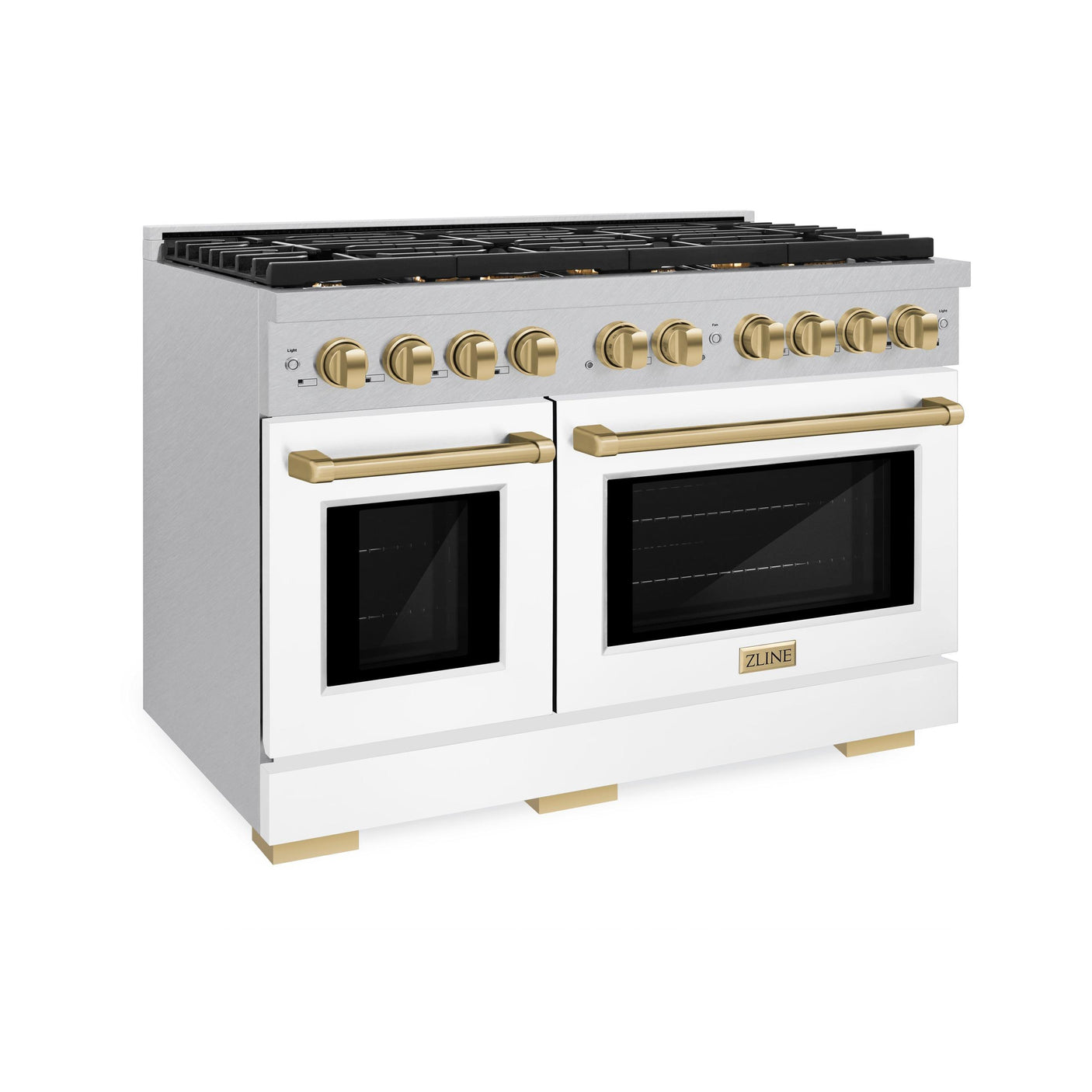 ZLINE Autograph Edition 48 in. 6.7 cu. ft. 8 Burner Double Oven Gas Range in DuraSnow' Stainless Steel with White Matte Doors and Champagne Bronze Accents (SGRSZ-WM-48-CB)