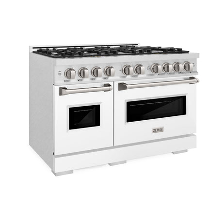 ZLINE 48 in. 6.7 cu. ft. Classic Double Oven Dual Fuel Range with 8 Burner Gas Cooktop in DuraSnow' Stainless Steel with White Matte Doors (CDRS-WM-48)