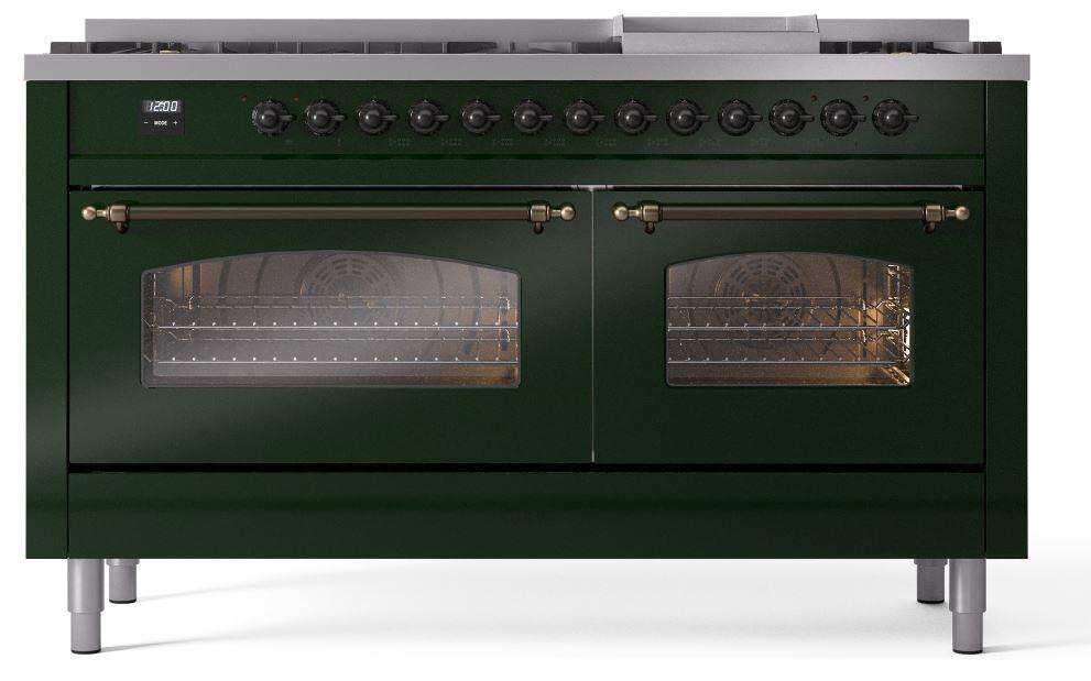 Nostalgie II 60 Inch Dual Fuel Natural Gas Freestanding Range in Emerald Green with Bronze Trim