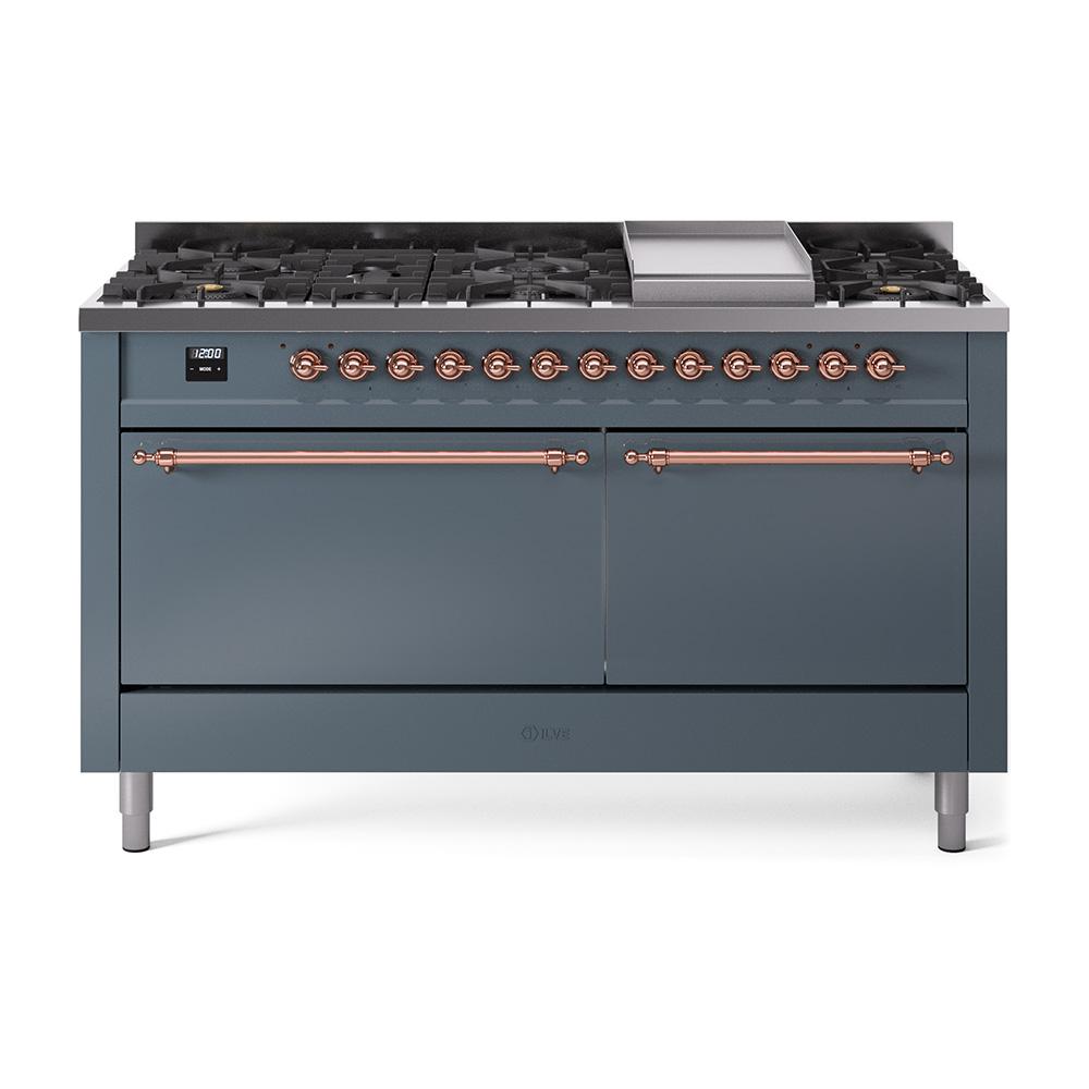 ILVE Nostalgie II 60 UP60FQNMPBGP Freestanding Dual Fuel Range with 9 Sealed Burners Yes Double Oven with Solid Door in Blue Grey with Copper knobs