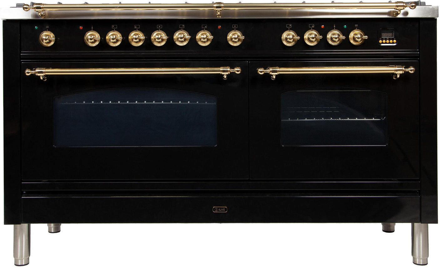 60" Nostalgie Series Freestanding Double Oven Dual Fuel Range with 8 Sealed Burners and Griddle in Glossy Black