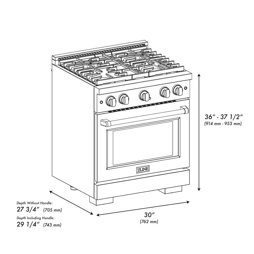 ZLINE 30 in. 4.2 cu. ft. Paramount Dual Fuel Range with Gas Cooktop and Electric Convection Oven in Black Stainless Steel with 4 Brass Burners (SDRB-BR-30)