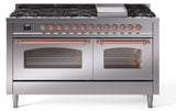 Nostalgie II 60 Inch Dual Fuel Natural Gas Freestanding Range in Stainless Steel with Copper Trim