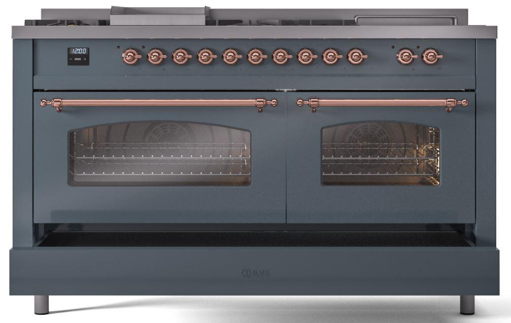 Nostalgie II 60 Inch Dual Fuel Liquid Propane Freestanding Range in Blue Grey with Copper Trim