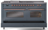 Nostalgie II 60 Inch Dual Fuel Liquid Propane Freestanding Range in Blue Grey with Copper Trim