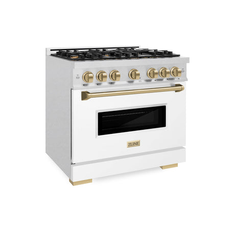 ZLINE Autograph Edition 36 in. 5.2 cu. ft. Classic Gas Range with 6 Burner Cooktop and Convection Gas Oven in DuraSnow' Stainless Steel with White Matte Door and Champagne Bronze Accents (CGRSZ-WM-36-CB)