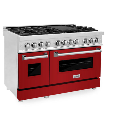 ZLINE 48 in. Dual Fuel Range with Gas Stove and Electric Oven in Stainless Steel (RA48) [Color: Red Gloss]