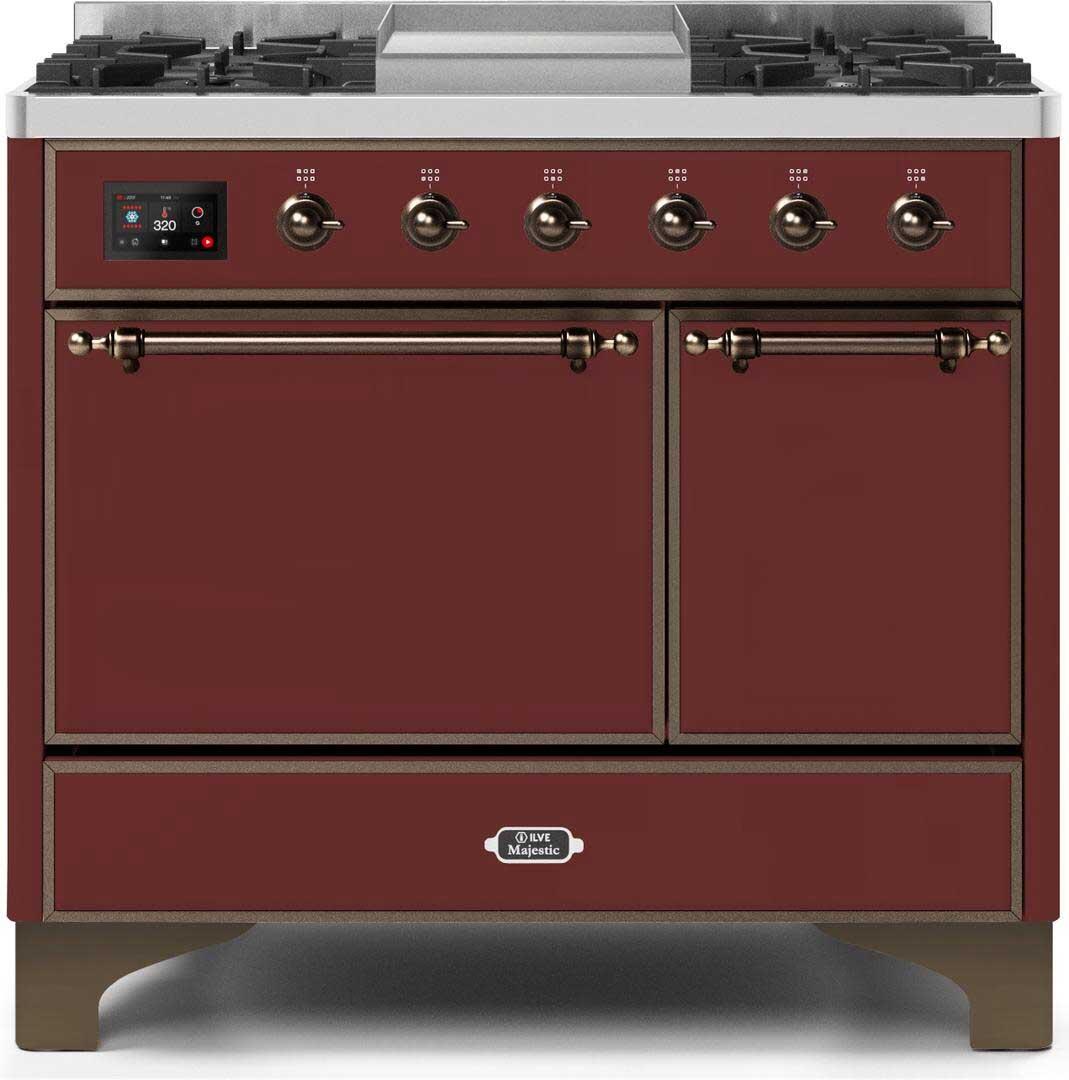 Majestic II 40 Inch Dual Fuel Liquid Propane Freestanding Range in Burgundy with Bronze Trim