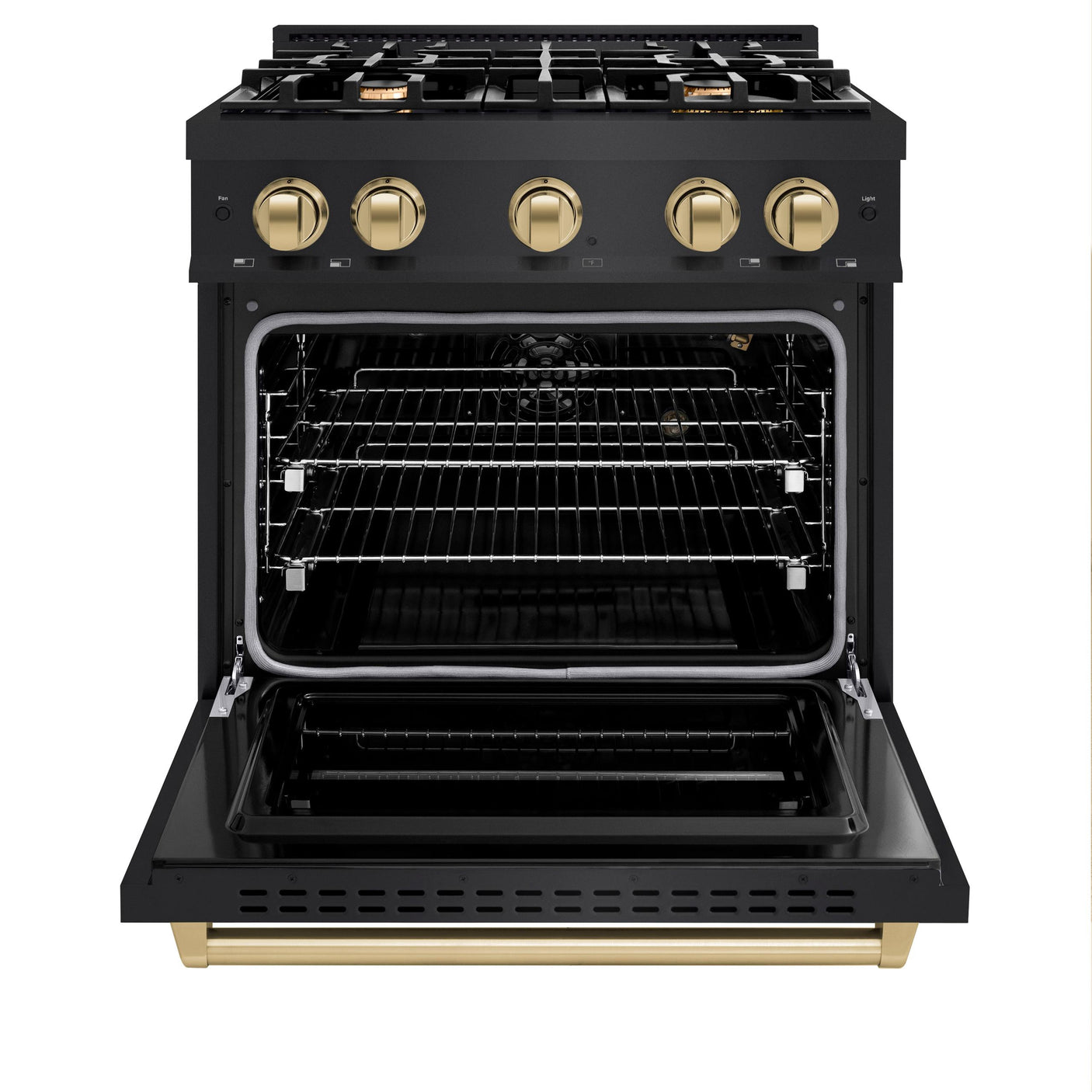 ZLINE Autograph Edition 30 in. 4.2 cu. ft. Classic Gas Range with 4 Burner Cooktop and Convection Gas Oven in Black Stainless Steel and Champagne Bronze Accents (CGRBZ-30-CB)