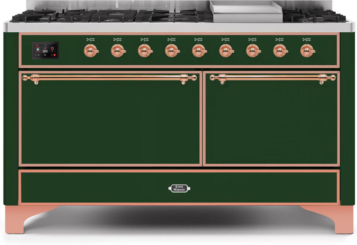 Majestic II 60 Inch Dual Fuel Liquid Propane Freestanding Range in Emerald Green with Copper Trim