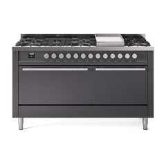 ILVE Professional Plus II 60 UP60FQMPMG Freestanding Dual Fuel Range with 9 Sealed Burners Yes Double Oven with Solid Door in Graphite Matte with Stainless Steel knobs