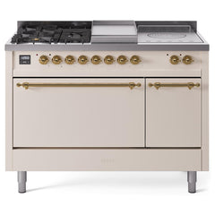 ILVE Nostalgie II 48 UP48FSQNMPAWG Freestanding Dual Fuel Range with 5 Sealed Burners Yes and French Top Double Oven with Solid Door in Antique White with Brass knobs