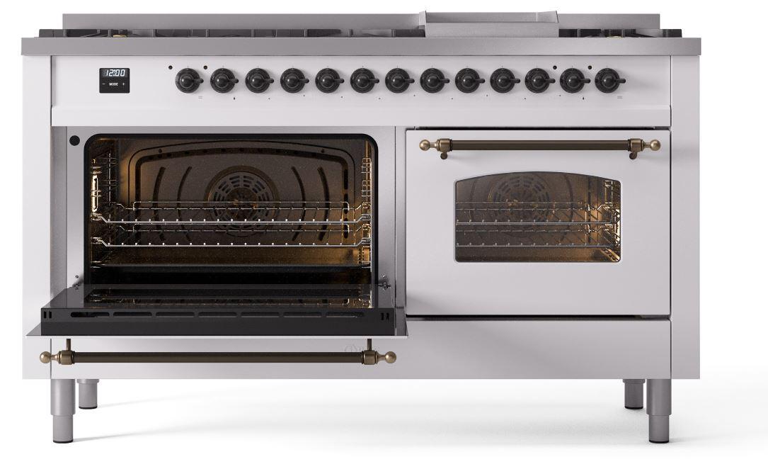 Nostalgie II 60 Inch Dual Fuel Liquid Propane Freestanding Range in White with Bronze Trim