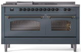 Nostalgie II 60 Inch Dual Fuel Liquid Propane Freestanding Range in Blue Grey with Bronze Trim