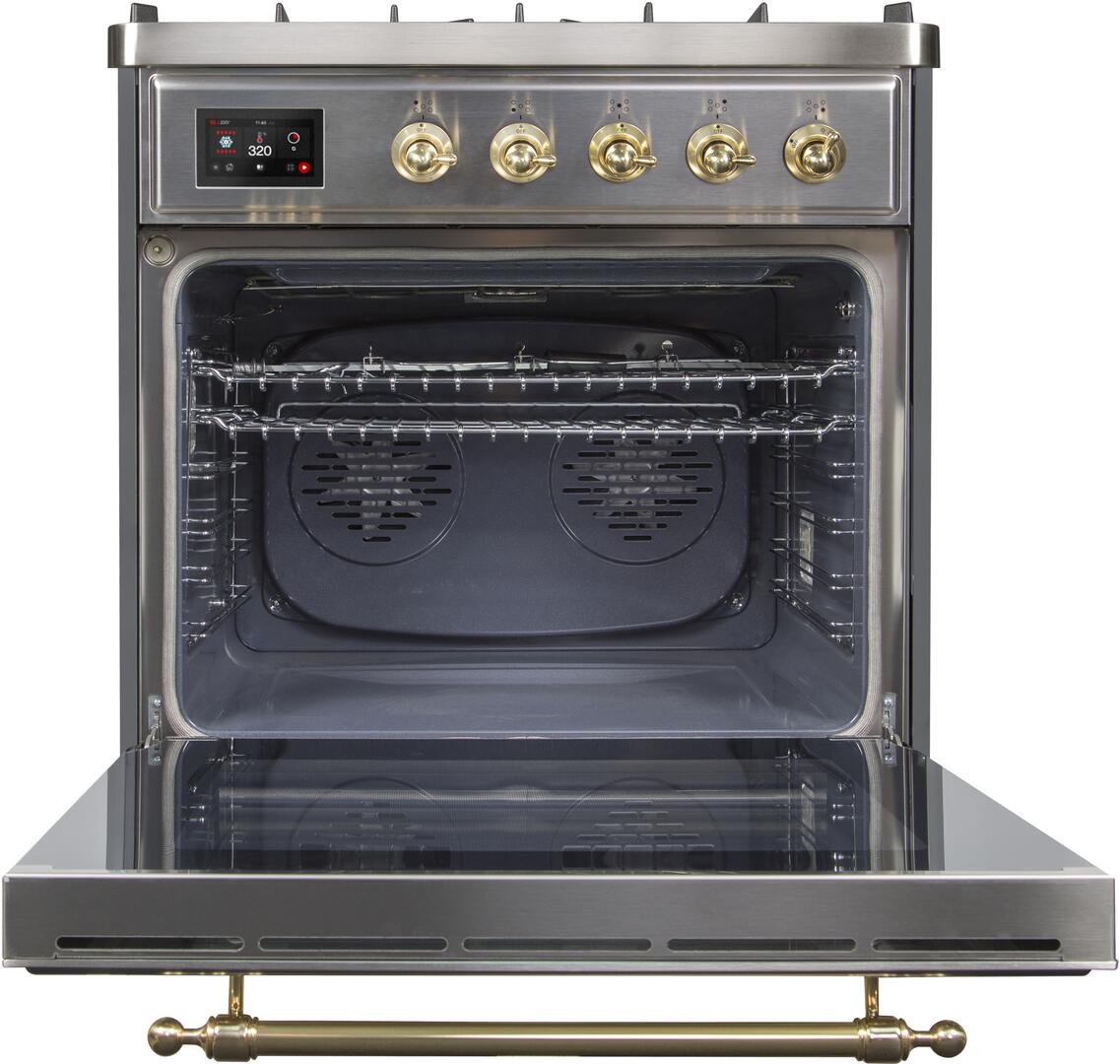 Majestic II 30 Inch Dual Fuel Liquid Propane Freestanding Range in Stainless Steel with Brass Trim