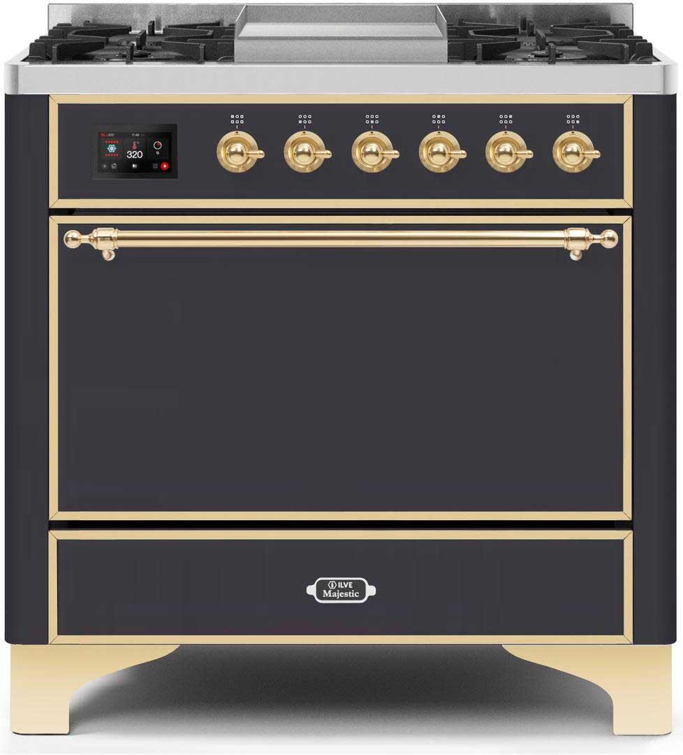 Majestic II 36 Inch Dual Fuel Liquid Propane Freestanding Range in Matte Graphite with Brass Trim