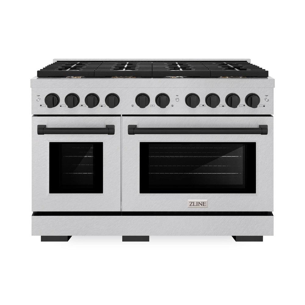 ZLINE Autograph Edition 48 in. 6.7 cu. ft. Paramount Double Oven Dual Fuel Range with 8 Burner Gas Cooktop in DuraSnow' Stainless Steel and Matte Black Accents (SDRSZ-48-MB)