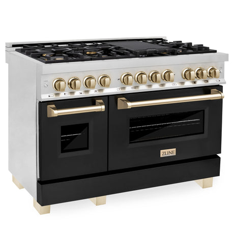 ZLINE Autograph Edition 48" 6.0 cu. ft. Dual Fuel Range with Gas Stove and Electric Oven in Stainless Steel with Black Matte Door and Polished Gold Accents (RAZ-BLM-48-G)