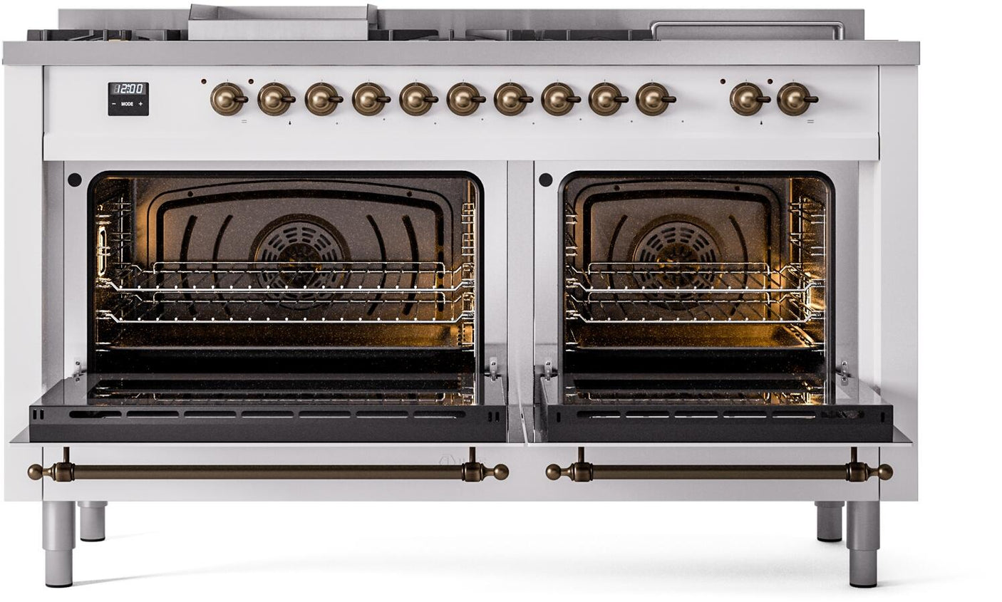 Nostalgie II 60 Inch Dual Fuel Liquid Propane Freestanding Range in White with Bronze Trim