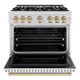 ZLINE Autograph Edition 36 in. 5.2 cu. ft. Classic Gas Range with 6 Burner Cooktop and Convection Gas Oven in Stainless Steel with White Matte Door and Champagne Bronze Accents (CGRZ-WM-36-CB)