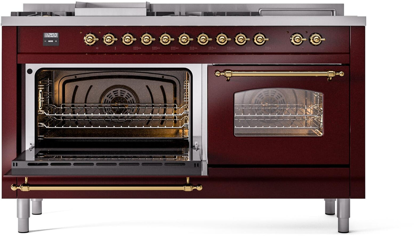 Nostalgie II 60 Inch Dual Fuel Natural Gas Freestanding Range in Burgundy with Brass Trim