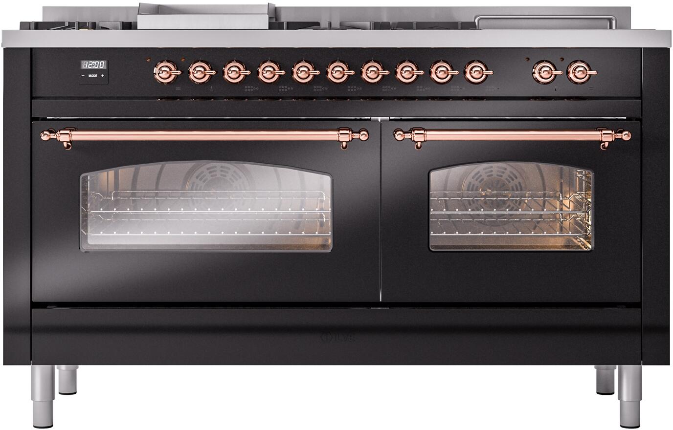 Nostalgie II 60 Inch Dual Fuel Natural Gas Freestanding Range in Glossy Black with Copper Trim