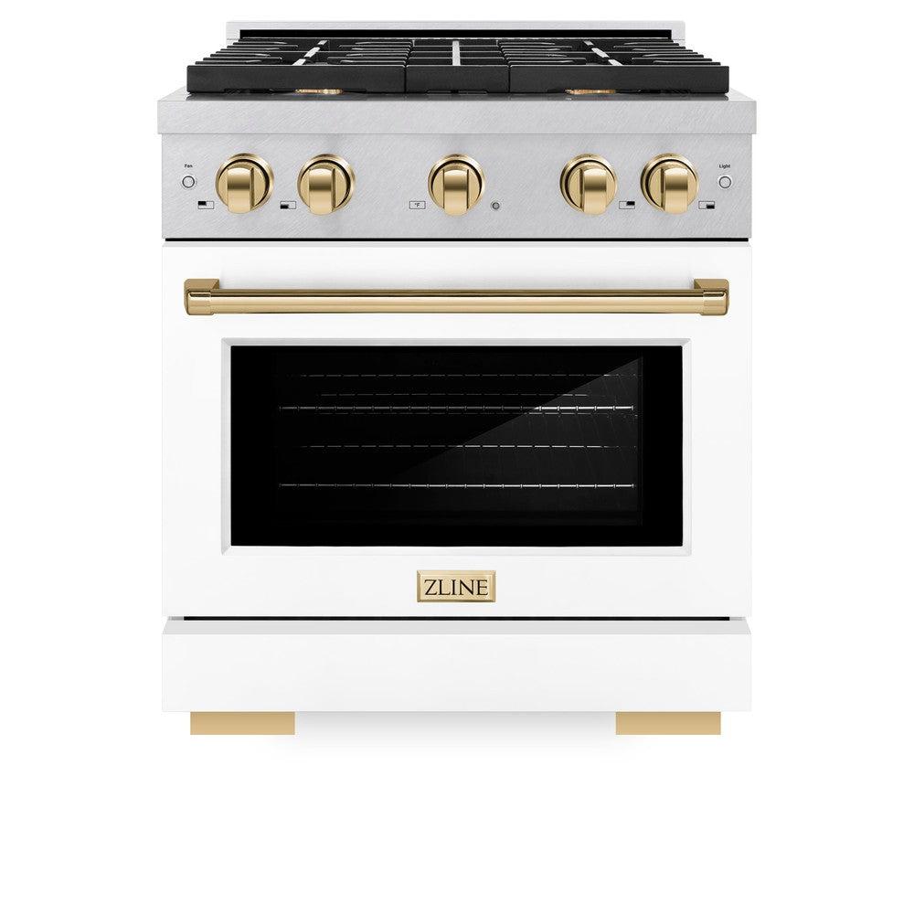 ZLINE Autograph Edition 30 in. 4.2 cu. ft. Paramount Dual Fuel Range with 4 Burner Gas Cooktop and Electric Convection Oven in DuraSnow' Stainless Steel with White Matte Door and Polished Gold Accents (SDRSZ-WM-30-G)