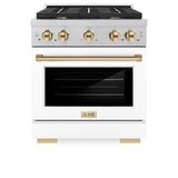 ZLINE Autograph Edition 30 in. 4.2 cu. ft. Paramount Dual Fuel Range with 4 Burner Gas Cooktop and Electric Convection Oven in DuraSnow' Stainless Steel with White Matte Door and Polished Gold Accents (SDRSZ-WM-30-G)