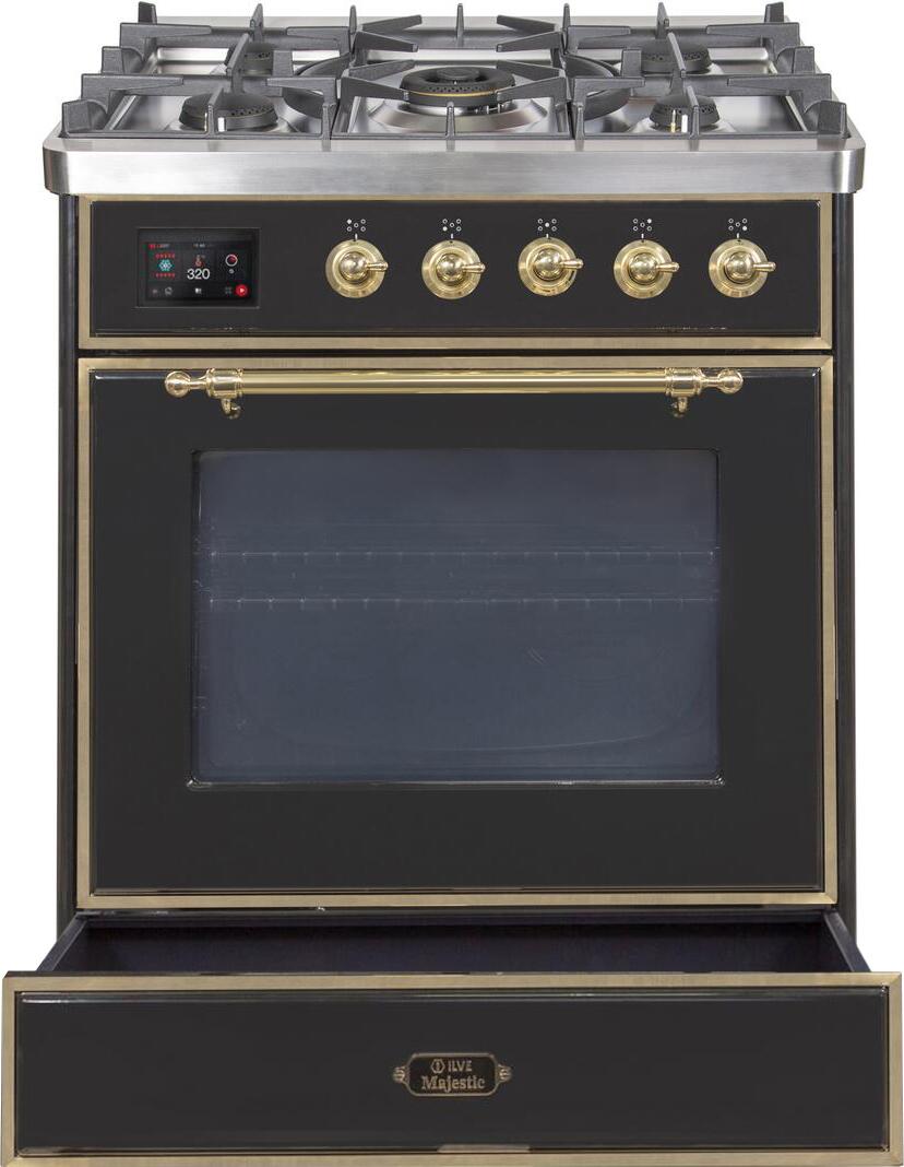 Majestic II 30 Inch Dual Fuel Natural Gas Freestanding Range in Glossy Black with Brass Trim