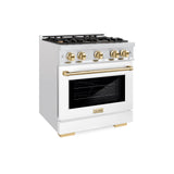 ZLINE Autograph Edition 30 in. 4.2 cu. ft. Select Dual Fuel Range with 4 Burner Gas Cooktop and Electric Convection Oven in DuraSnow' Stainless Steel with White Matte Door and Polished Gold Accents (HDRSZ-WM-30-G)