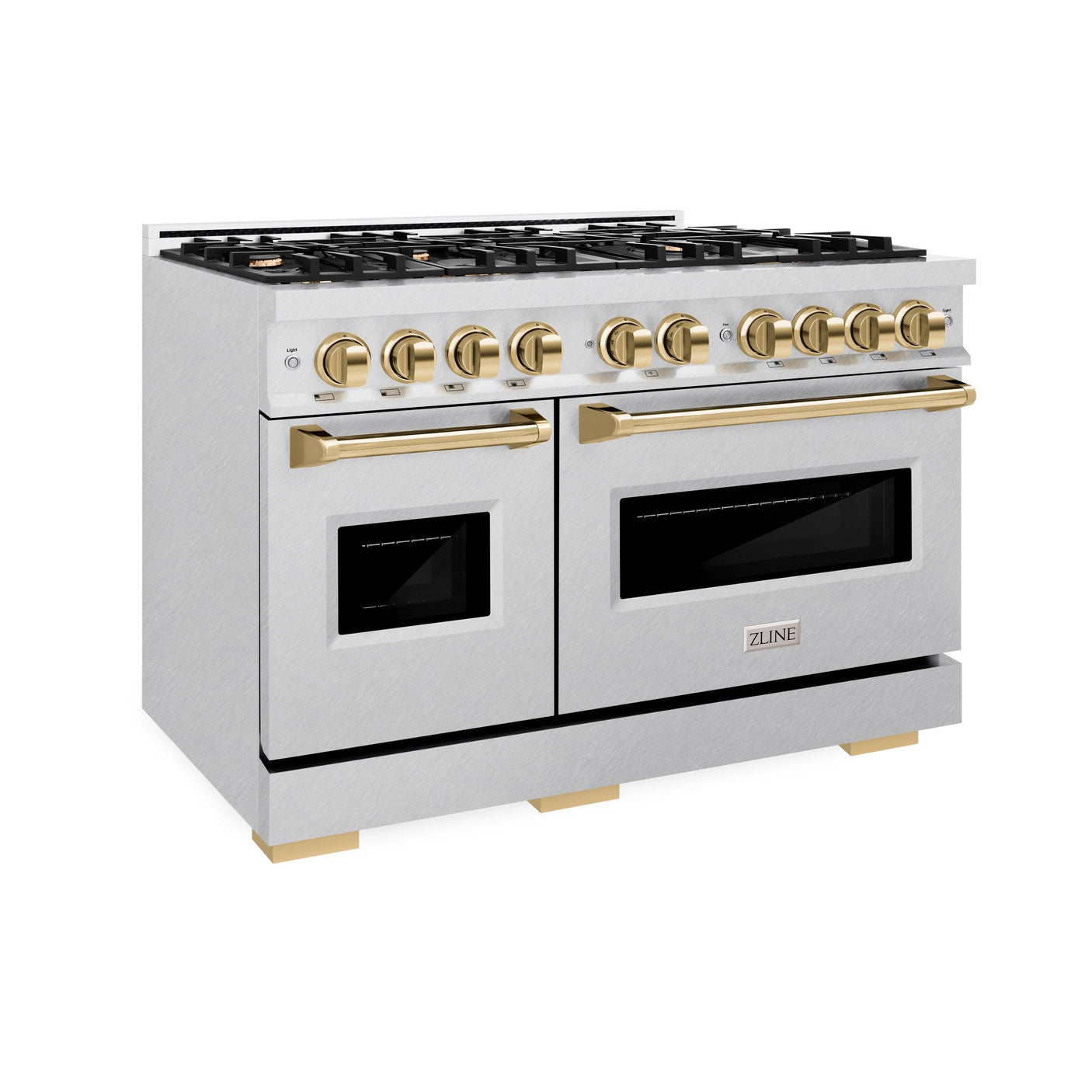 ZLINE Autograph Edition 48 in. 6.7 cu. ft. Classic Double Oven Gas Range with 8 Burner Cooktop in DuraSnow' Stainless Steel and Polished Gold Accents (CGRSZ-48-G)