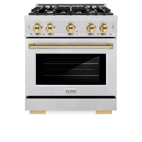 ZLINE Autograph Edition 30 in. 4.2 cu. ft. Select Gas Range with 4 Burner Cooktop and Convection Gas Oven in DuraSnow' Stainless Steel and Polished Gold Accents (HGRSZ-30-G)