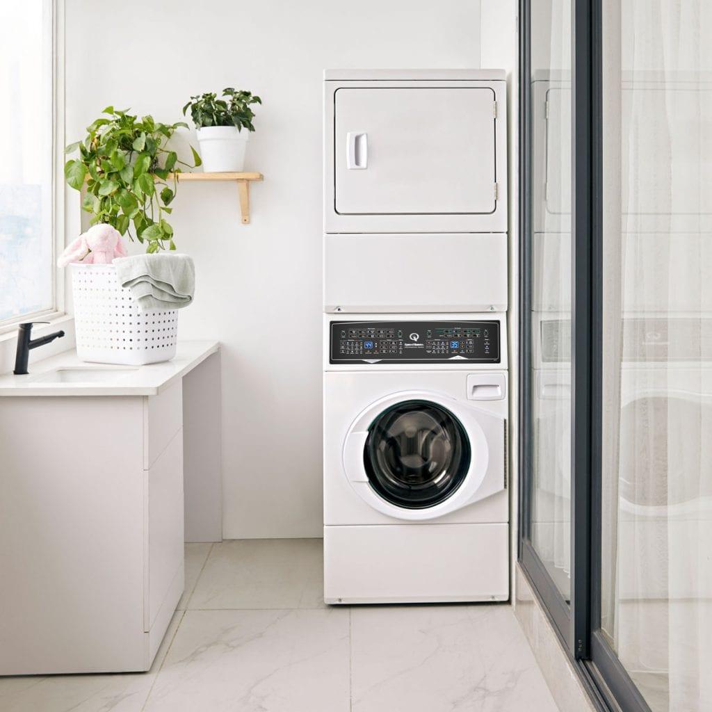 SF7 Stacked White Washer - Gas Dryer with Pet Plus  Sanitize  Fast Cycle Times  5-Year Warranty