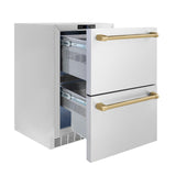 ZLINE Autograph Edition 24 in. Touchstone 168 Can Outdoor-Rated Dual Refrigerator Drawer with Stainless Steel Doors and Champagne Bronze Handles (RDSOZ-ST-24-CB)