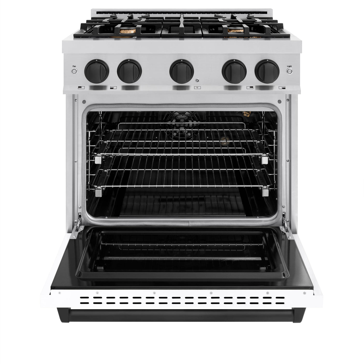 ZLINE Autograph Edition 30 in. 4.2 cu. ft. Classic Gas Range with 4 Burner Cooktop and Convection Gas Oven in Stainless Steel with White Matte Door and Matte Black Accents (CGRZ-WM-30-MB)