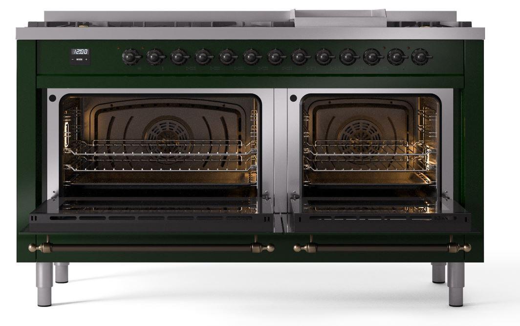 Nostalgie II 60 Inch Dual Fuel Liquid Propane Freestanding Range in Emerald Green with Bronze Trim