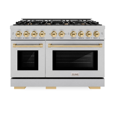 ZLINE Autograph Edition 48 in. 6.7 cu. ft. Select Double Oven Dual Fuel Range with 8 Burner Gas Cooktop in DuraSnow' Stainless Steel and Polished Gold Accents (HDRSZ-48-G)