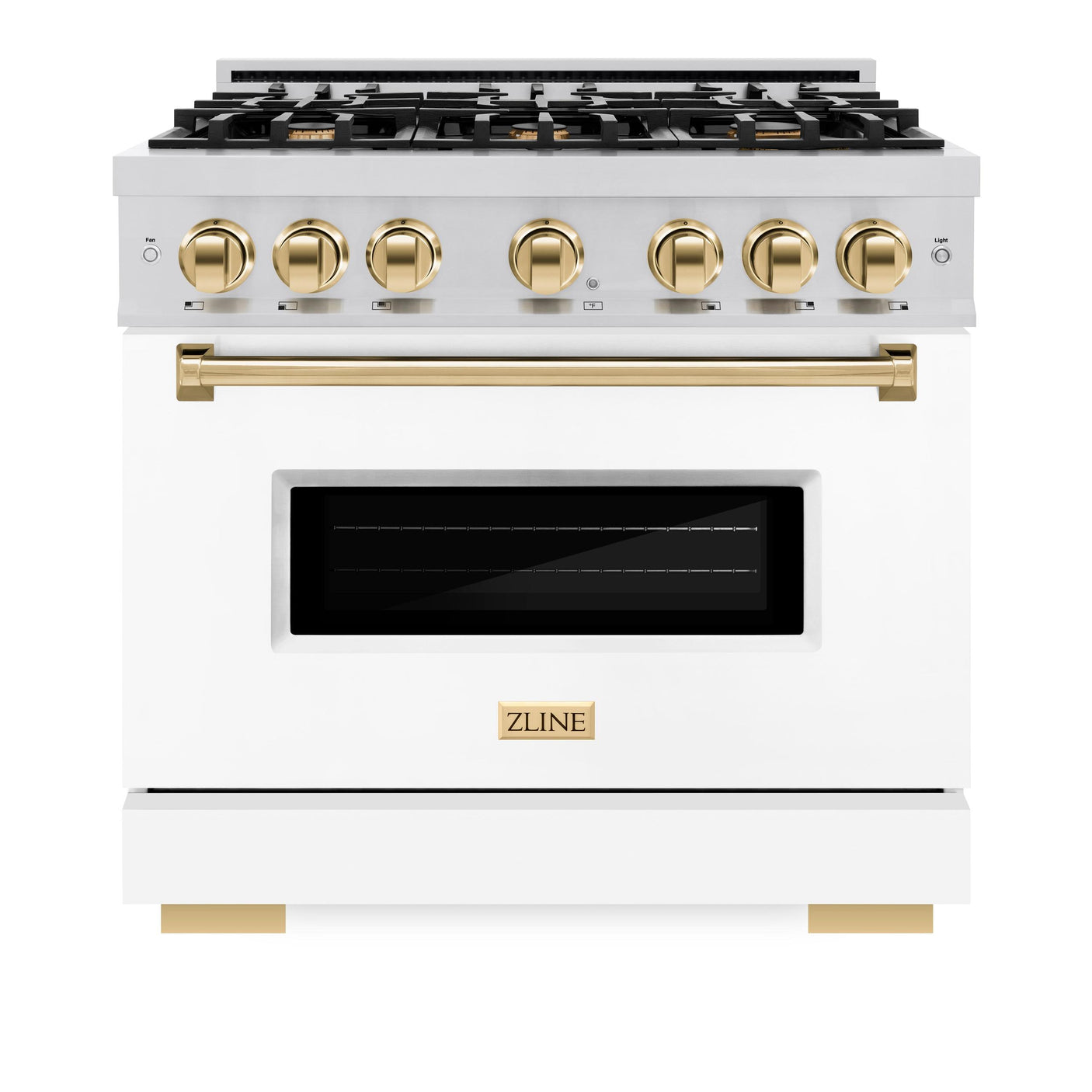 ZLINE Autograph Edition 36 in. 5.2 cu. ft. Classic Gas Range with 6 Burner Cooktop and Convection Gas Oven in Stainless Steel with White Matte Door and Polished Gold Accents (CGRZ-WM-36-G)