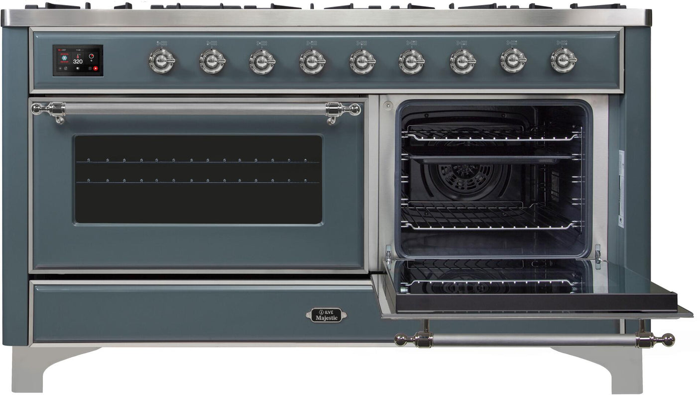 Majestic II 60 Inch Dual Fuel Natural Gas Freestanding Range in Blue Grey with Chrome Trim