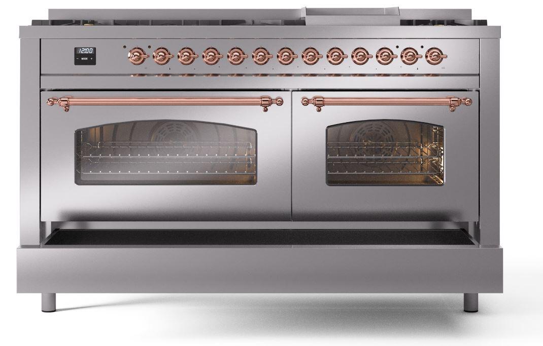 Nostalgie II 60 Inch Dual Fuel Natural Gas Freestanding Range in Stainless Steel with Copper Trim