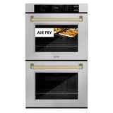 ZLINE 30 in. Autograph Edition Professional True Convection Double Wall Oven with Air Fry and Self Clean in DuraSnow' Stainless Steel with Champagne Bronze Handles (WADSZ-30-CB)