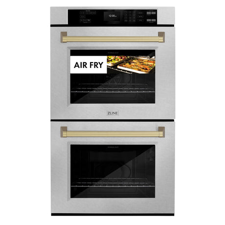 ZLINE 30 in. Autograph Edition Professional True Convection Double Wall Oven with Air Fry and Self Clean in DuraSnow' Stainless Steel with Champagne Bronze Handles (WADSZ-30-CB)