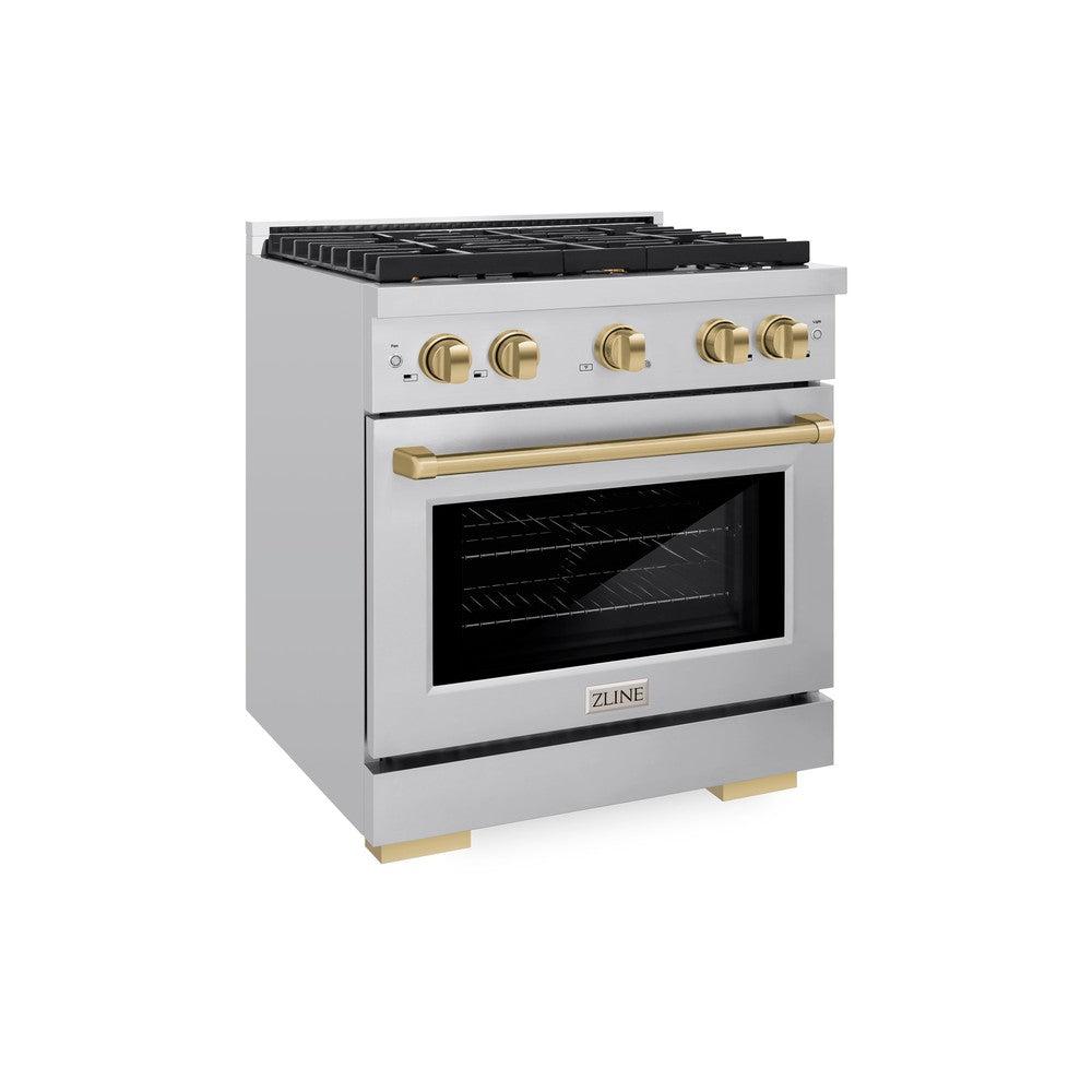 ZLINE Autograph Edition 30 in. 4.2 cu. ft. Paramount Dual Fuel Range with 4 Burner Gas Cooktop and Electric Convection Oven in Stainless Steel with Champagne Bronze Accents (SDRZ-30-CB)