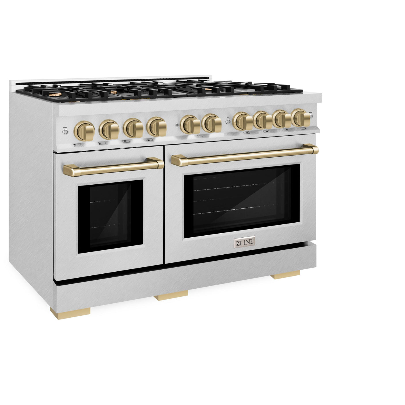 ZLINE Autograph Edition 48 in. 6.7 cu. ft. Select Double Oven Gas Range with 8 Burner Cooktop in DuraSnow' Stainless Steel and Champagne Bronze Accents (HGRSZ-48-CB)