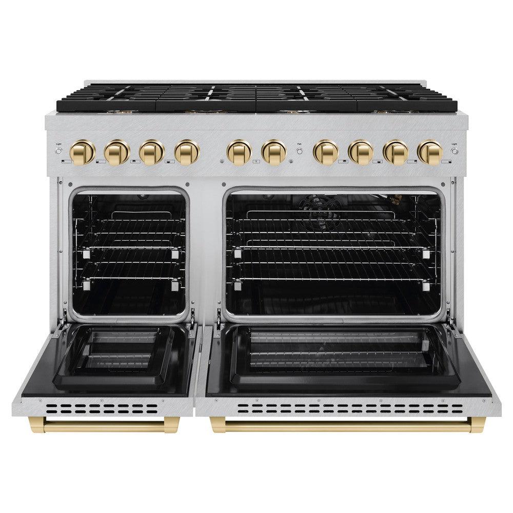 ZLINE Autograph Edition 48 in. 6.7 cu. ft. Paramount Double Oven Dual Fuel Range with 8 Burner Gas Cooktop in DuraSnow' Stainless Steel and Polished Gold Accents (SDRSZ-48-G)