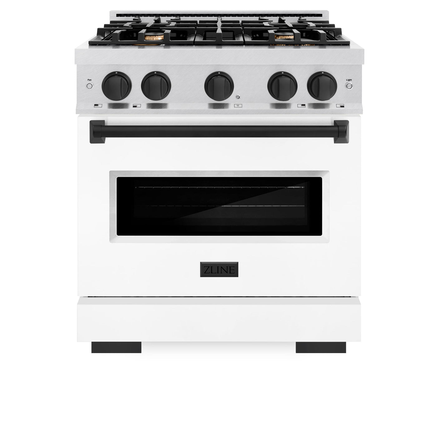 ZLINE Autograph Edition 30 in. 4.2 cu. ft. Classic Dual Fuel Range with 4 Burner Gas Cooktop and Electric Convection Oven in DuraSnow' Stainless Steel with White Matte Door and Matte Black Accents (CDRSZ-WM-30-MB)