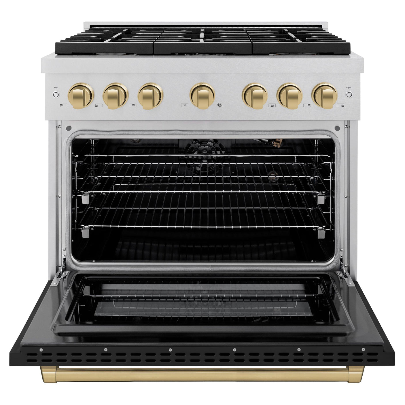 ZLINE Autograph Edition 36 in. 5.2 cu. ft. Paramount Gas Range with 6 Burner Cooktop and Convection Gas Oven in DuraSnow' Stainless Steel with Black Matte Door and Champagne Bronze Accents (SGRSZ-BLM-36-CB)