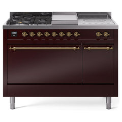 ILVE Nostalgie II 48 UP48FSQNMPBUG Freestanding Dual Fuel Range with 5 Sealed Burners Yes and French Top Double Oven with Solid Door in Burgundy with Brass knobs