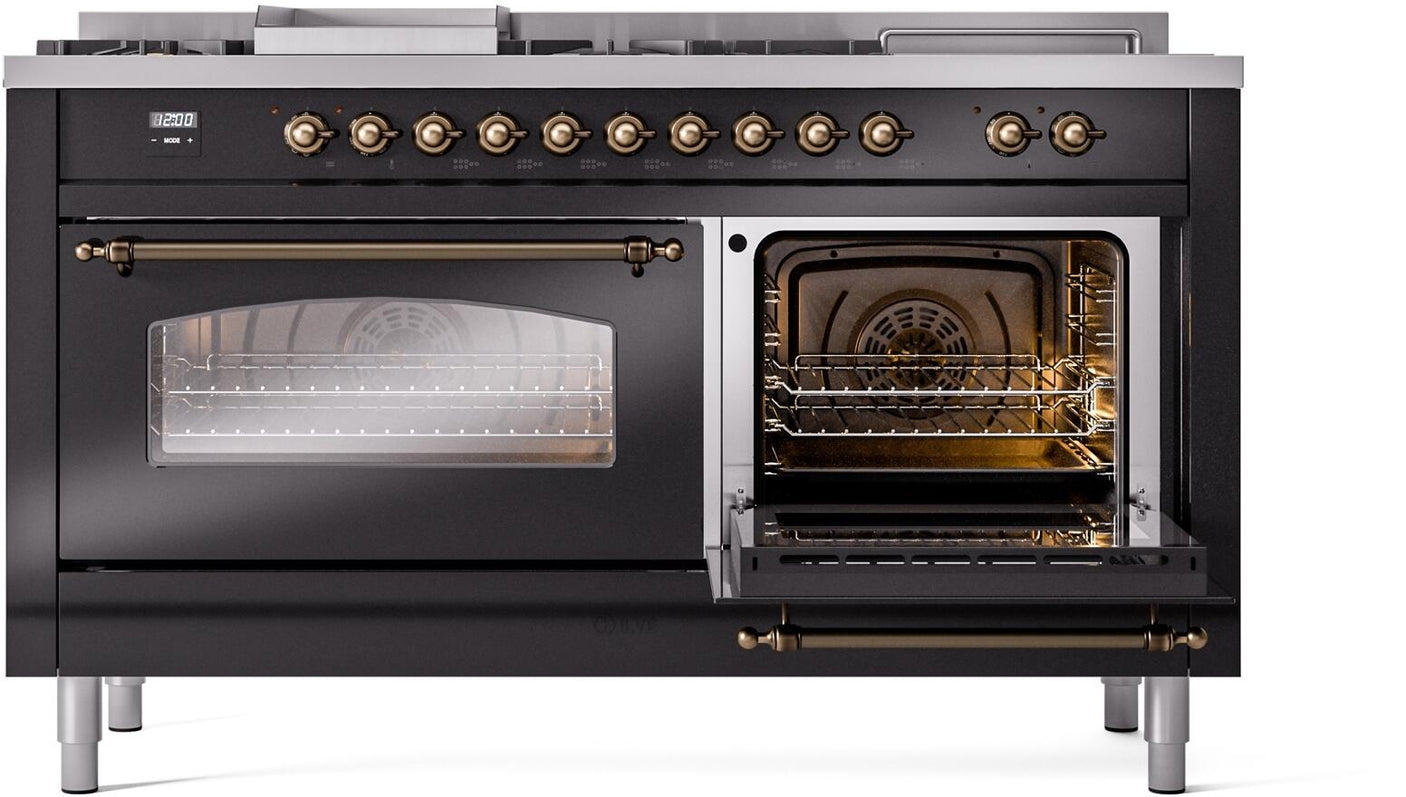 Nostalgie II 60 Inch Dual Fuel Liquid Propane Freestanding Range in Glossy Black with Bronze Trim