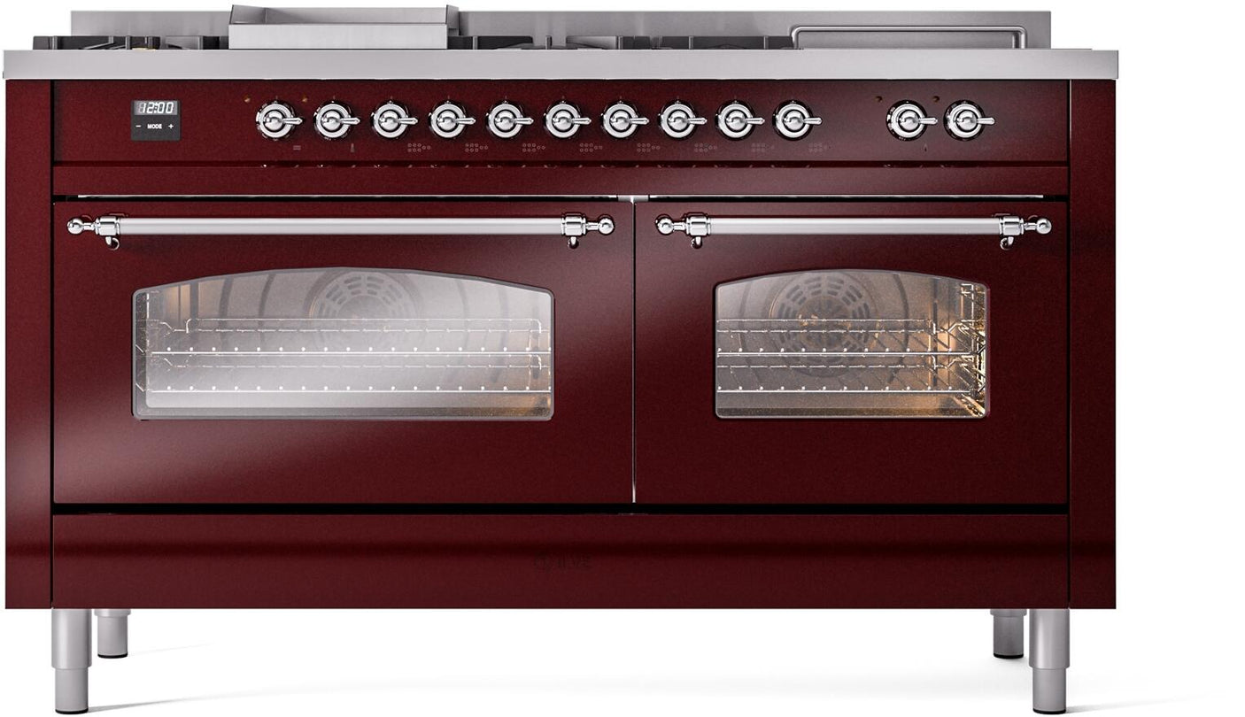 Nostalgie II 60 Inch Dual Fuel Natural Gas Freestanding Range in Burgundy with Chrome Trim